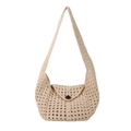 Borsa tote minimalista con motivo all'uncinetto beige e fibbia in legno - Bianco Sporco