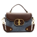 Retro denim and brown leather contrast handbag with a large gold metal lock buckle - Blue