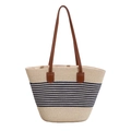 Borsa tote estiva in paglia con strisce blu scuro e tracolla in pelle color marrone - Righe Sottili Beige Blu