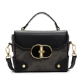 Contrast color square handbag in black leather and dark gray twill with gold buckle - Black