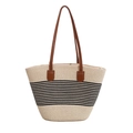 Borsa tote in paglia beige con strisce nere e manici in ecopelle marrone scuro - Righe Sottili Beige Nero