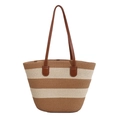 Borsa tote in paglia a righe marroni e crema con manici in pelle per vacanze al mare - Cachi & Bianco Riso