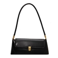 Bolso baguette de cuero negro con hebilla dorada y elegante correa larga para hombro - Negro