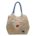 Straw beach tote bag with colorful bows and light blue ruffled handle on white background - Off White