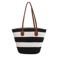 Grande borsa tote in paglia intrecciata a righe bianche e nere con manici in pelle - Patchwork Nero e Bianco