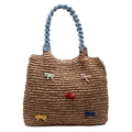 Straw tote bag with colorful knitted bows and light blue plush handle for summer - Khaki
