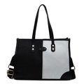 Bolso tote de lona en contraste con adornos de cuero negro y correa de hombro ancha ajustable - Negro