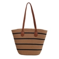 Straw tote bag with black stripes and brown leather handles for beach vacations - Khaki Black Striped