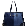 Bolso tote de tela vaquera combinada en azul con asas de cuero y remaches dorados - Azul oscuro