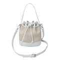 Schicke beige Web-Beuteltasche mit weißem Lederbesatz und verstellbarem Schultergurt - Weiß