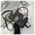 Structured black woven handbag with silk scarf detail and silver twist-lock closure - Black