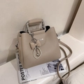Beige lychee texture handbag with metal chain handle and pearl heart bow charm - Beige Grey