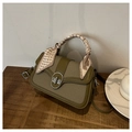 Olive green vintage flap bag in woven canvas and leather with elegant silk scarf handle - Green