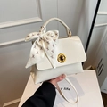 Chic cream leather handbag with gold clasp and bear print silk scarf for women - Off-white