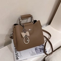 Brown lychee leather tote bag with chain handles and plaid bow pearl charms - Khaki