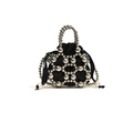 Chic black satin bucket bag with silver hollow-out bead mesh and pearl drawstring detail - Silver Small