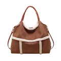 Brown faux suede tote bag with white faux fur stitching and dual shoulder straps - Brown