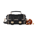 Black Boston shoulder bag with gold studs, glossy leather texture and plush monster charm - Black with Pendant