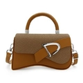 Brown leather and woven crossbody bag featuring a curved saddle shape and D-ring hardware - Brown