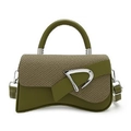 Olive green shoulder bag in woven texture with silver D-buckle and top handle - Green