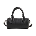 Minimalist black quilted barrel bag with silver hardware and detachable strap for women - Black