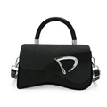Minimalist black hourglass handbag with woven texture flap and silver metal buckle - Black