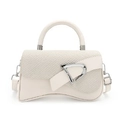 White minimalist hourglass handbag with woven texture flap and silver metal buckle - White