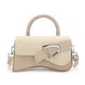 Minimalist beige crossbody box bag with weave texture and silver metal D-shaped lock - Khaki
