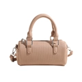 Beige quilted barrel handbag with soft PU leather texture and detachable shoulder strap - Khaki