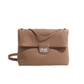 Retro brown pleated tote bag with silver chain strap and square metal twist lock - Khaki
