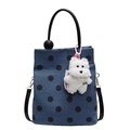 Tragetasche aus Denim-Canvas mit Polka-Dots, Plüschhund-Anhänger und schwarzen Griffen - Blau mit Anhänger