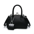 Black litchi pattern shell bag with doctor-style frame closure and mini bag charm - Black