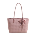 Light pink woven tote bag with matching leather handles and decorative floral silk scarf - Pink