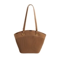 Caramel brown pleated tote bag in fan shape with gold ring handles for women - Khaki