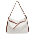 Borsa tote in tela crema con rifiniture in ecopelle marrone scuro e fibbie in metallo - Bianco