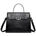 Retro black crocodile embossed trapezoid handbag with gold metal clasp for women - Black