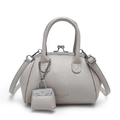Light gray pebbled leather shell bag with top handle and matching mini pouch pendant - Light Gray
