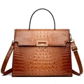 Brown crocodile embossed Kelly handbag with glossy finish and gold metal clasp - Yellow