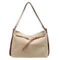 Beige canvas tote bag with brown leather accents and metallic buckle detail - Khaki