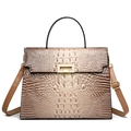 Brown gradient crocodile pattern trapezoid handbag with gold buckle and top handle - Khaki