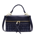 Borsa a scatola in pelle blu navy e tweed con finiture dorate e manico intrecciato - Blu