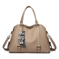 Beige lychee texture tote bag with shoulder strap and grey plush bear charm accessory - Dark Khaki