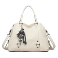 Ivory lychee textured leather tote bag with silver hardware and plush bear charm - Off White