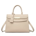 Beige lychee leather tote bag with elegant gold buckle and adjustable strap - Off White