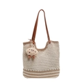 Retro gewebte hohle Beuteltasche in Beige und Braun mit süßem Keks-Plüsch-Anhänger - Gebrochenes Weiß