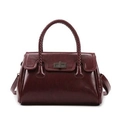 Deep red patent leather satchel with woven handle and secure metallic turn-lock closure - Burgundy