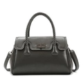 Dark grey leather shoulder bag with woven handle and metal clasp in a clean white background - Gray