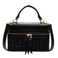 Elegante borsa a scatola nera in tweed e pelle con finiture dorate e lunghe nappe - Nero