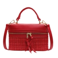 Borsa a tracolla retrò rossa a scatola con trama in tweed e nappa in pelle - Rosso