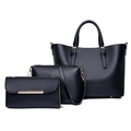 Three-piece black leather handbag set with tote, crossbody bag, and clutch with gold hardware - Black